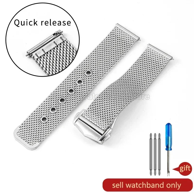 For Omega Seamaster 20mm Silver Black Mesh Bracelet Flat Interface Stainless Steel Watch Strap Breathable Lightweight Design