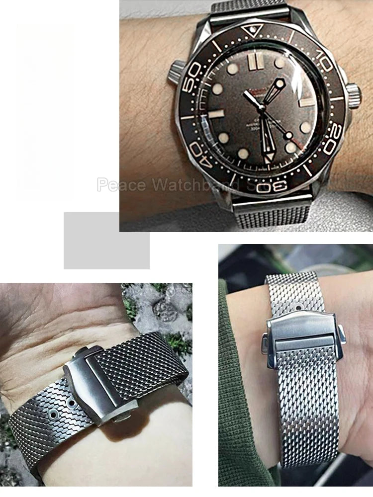 For Omega Seamaster 20mm Silver Black Mesh Bracelet Flat Interface Stainless Steel Watch Strap Breathable Lightweight Design