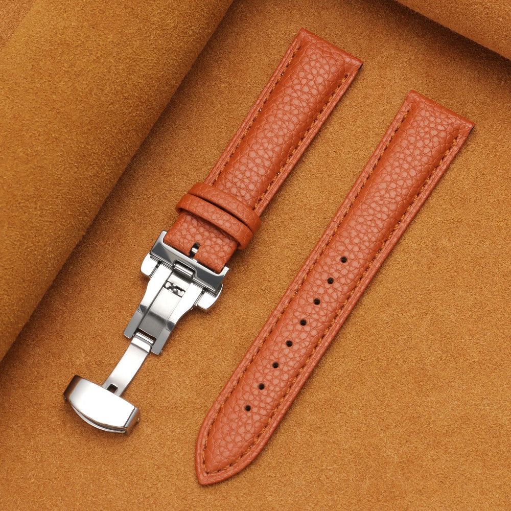 12/14/16/18/19/20/22mm Calfskin Watchbands Litchi Grain Strap Genuine Leather Wristwatch Band Butterfly Buckle Watch Accessories