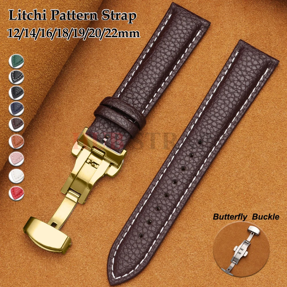 12/14/16/18/19/20/22mm Calfskin Watchbands Litchi Grain Strap Genuine Leather Wristwatch Band Butterfly Buckle Watch Accessories