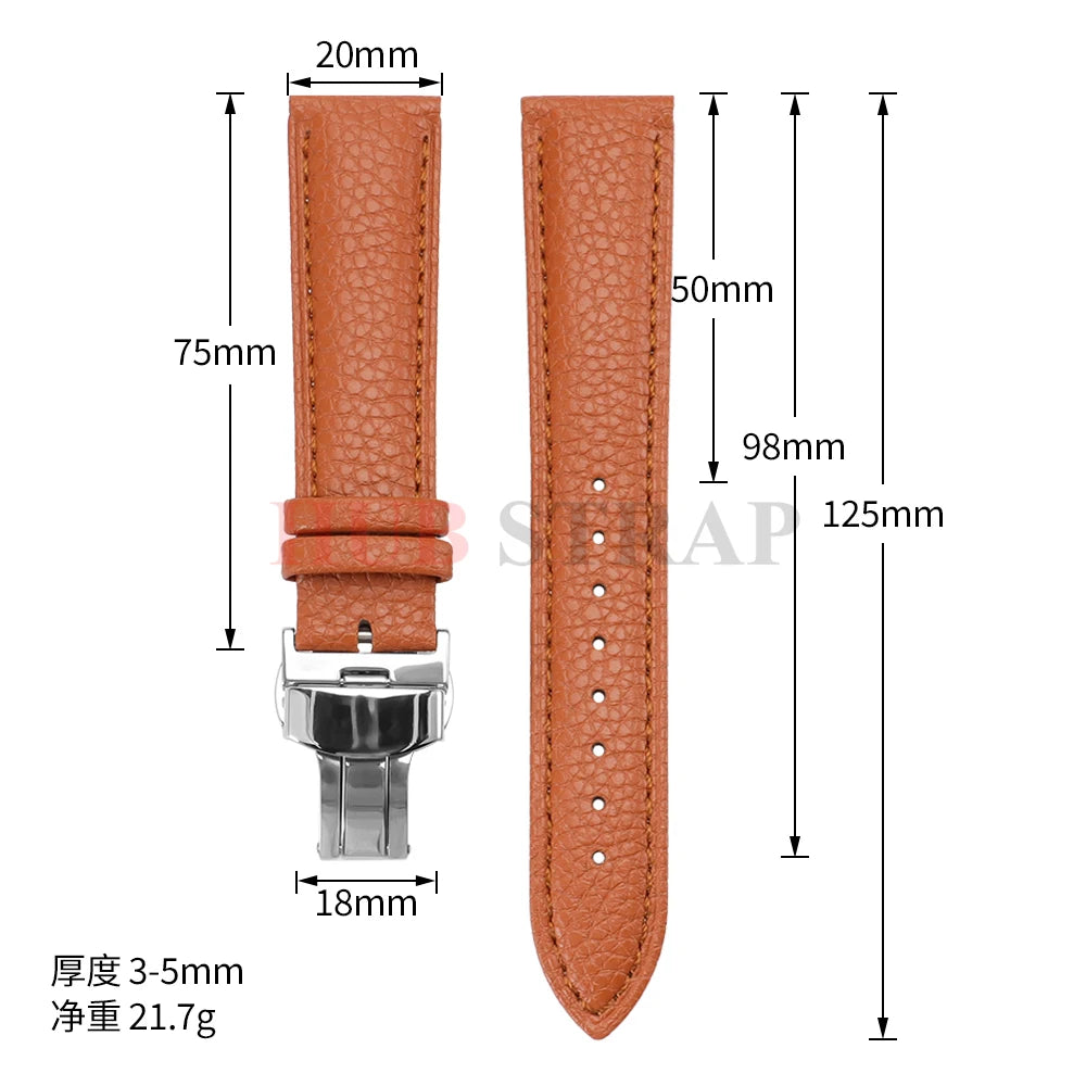 12/14/16/18/19/20/22mm Calfskin Watchbands Litchi Grain Strap Genuine Leather Wristwatch Band Butterfly Buckle Watch Accessories
