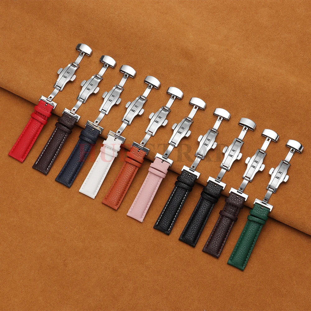 12/14/16/18/19/20/22mm Calfskin Watchbands Litchi Grain Strap Genuine Leather Wristwatch Band Butterfly Buckle Watch Accessories