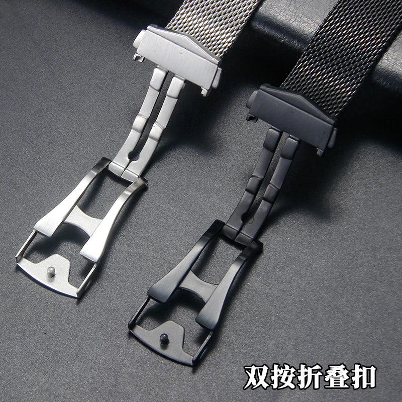 For Omega Seamaster 20mm Silver Black Mesh Bracelet Flat Interface Stainless Steel Watch Strap Breathable Lightweight Design