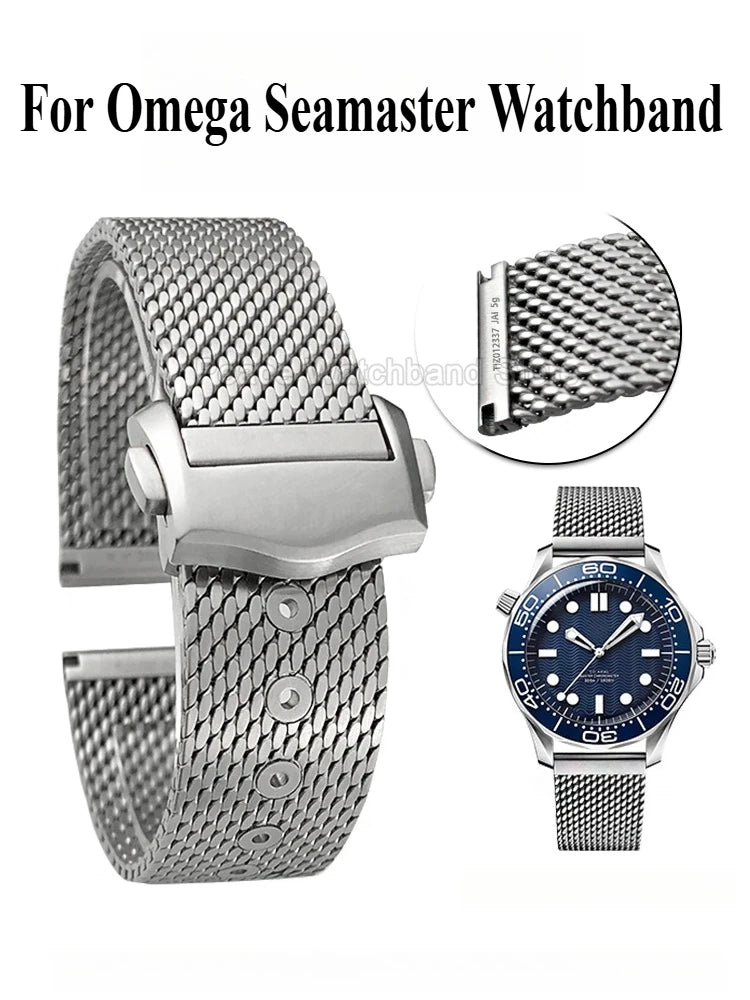 For Omega Seamaster 20mm Silver Black Mesh Bracelet Flat Interface Stainless Steel Watch Strap Breathable Lightweight Design